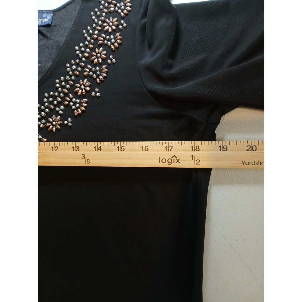 Susan Graver Style Liquod knit Black Embellished Scoop Neck 3/4 Sleeve Top XS - Picture 9 of 12